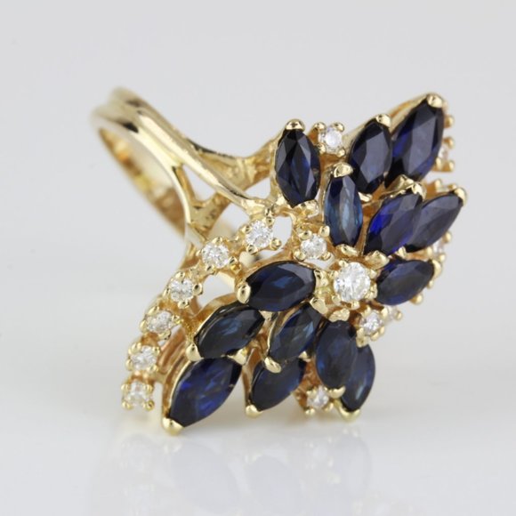 Vintage 14K Yellow Gold Blue Sapphire & Diamond Anniversary Cocktail Ring - Picture 4 of 9